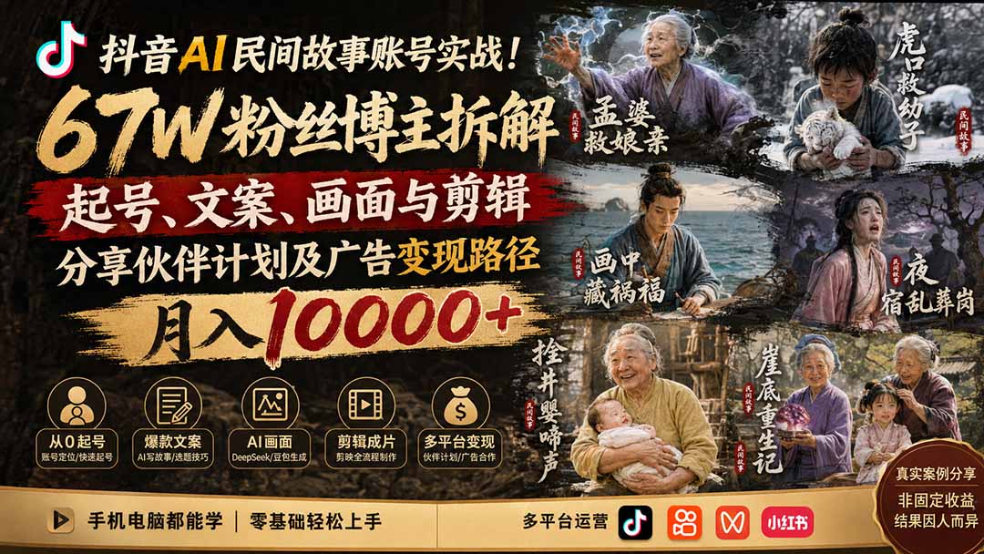 抖音AI民间故事账号实战！67W粉丝博主拆解起号、文案、画面与剪辑，分享伙伴计划及广告变现路径，月入10000+-轻创终点站
