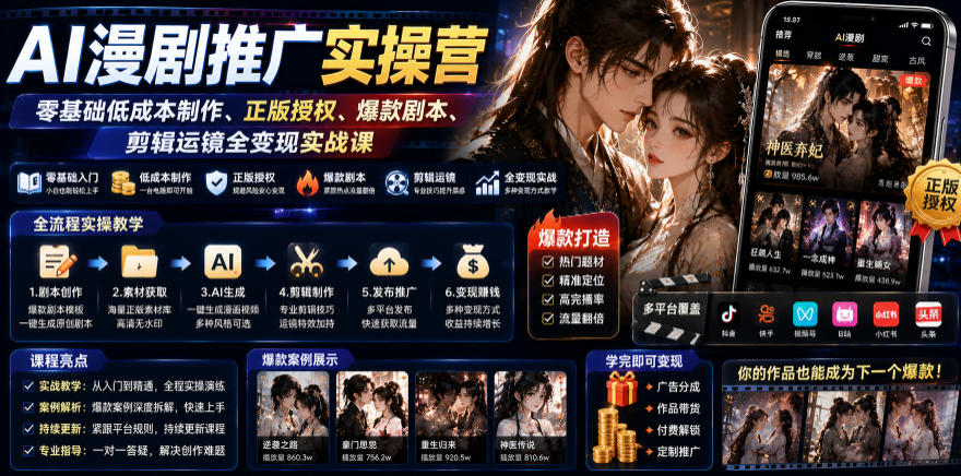 AI漫剧推广实操营|零基础低成本制作、正版授权、爆款剧本、剪辑运镜全变现实战课-源创文化:轻创终点站