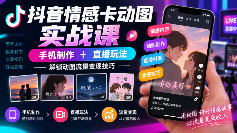 抖音情感卡动图实战课｜手机制作+直播玩法，解锁动图流量变现技巧-轻创终点站