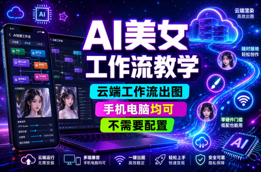 AI美女工作流教学，云端工作流出图，手机电脑均可，不需要配置，快速起号涨粉-源创文化:轻创终点站
