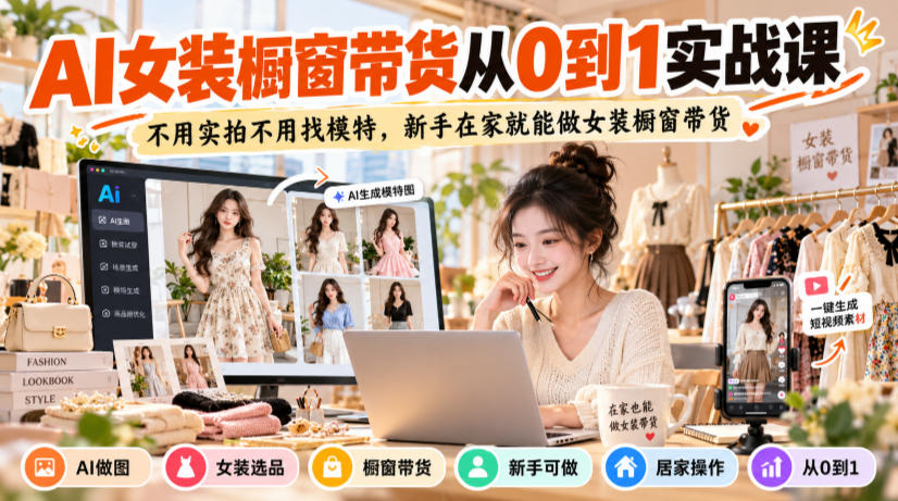 AI女装橱窗带货从0到1实战课，不用实拍不用找模特，新手在家就能做女装橱窗带货-轻创终点站