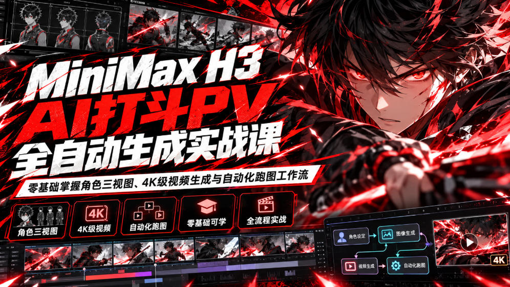 MiniMax H3 AI打斗PV全自动生成实战课：零基础掌握角色三视图、4K级视频生成与自动化跑图工作流-轻创终点站