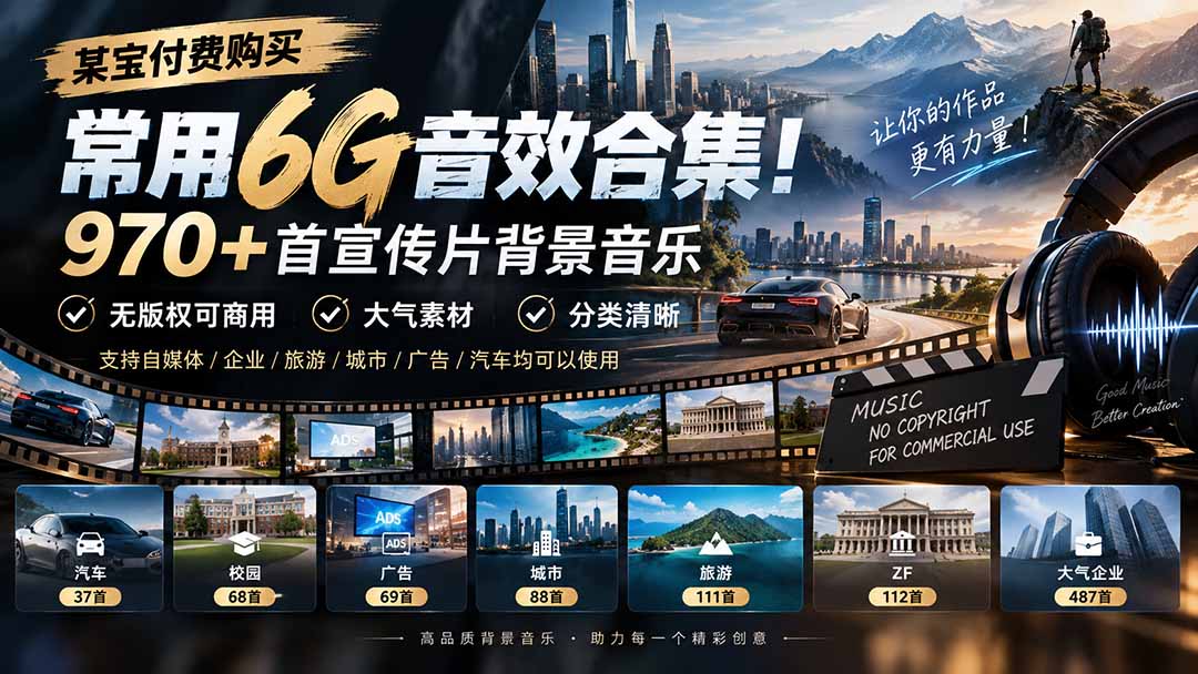 某宝付费购买，常用6G音效合集！970+首宣传片背景音乐，无版权可商用大气素材，分类清晰-轻创终点站