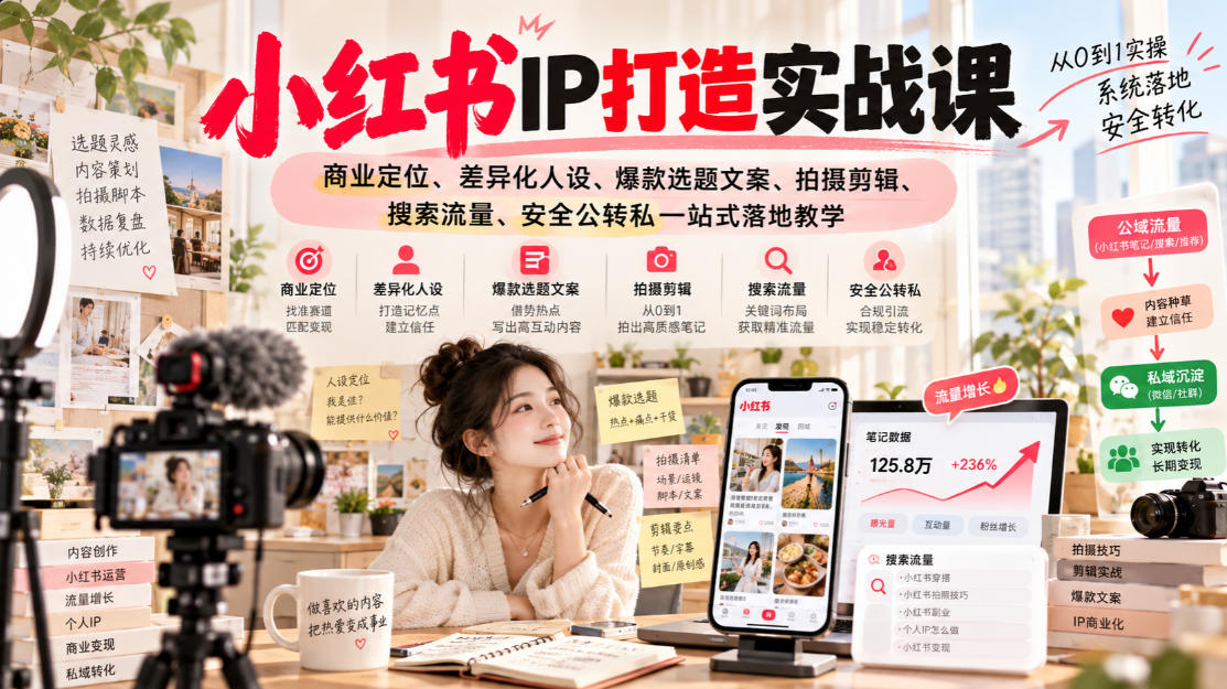 小红书ip打造实战课,商业定位、差异化人设、爆款选题文案、拍摄剪辑、搜索流量、安全公转私一站式落地教学-轻创终点站