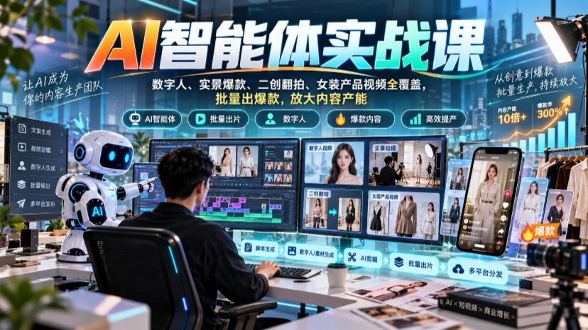 AI智能体实战课，数字人、实景爆款、二创翻拍、女装产品视频全覆盖，批量出爆款，放大内容产能-轻创终点站