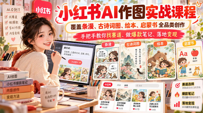 小红书AI作图实战课程，覆盖条漫、古诗词图、绘本、启蒙书全品类创作，手把手教你找赛道、做爆款笔记、落地变现-轻创终点站