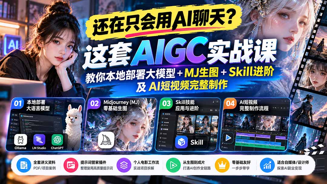 【无水印】还在只会用AI聊天？这套AIGC实战课教你本地部署大模型+MJ生图+Skill进阶及AI短视频完整制作-轻创终点站