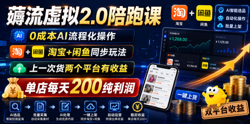 薅流虚拟2.0陪跑课，0成本AI流程化操作，淘宝+闲鱼同步玩法，上一次货两个平台有收益，单店每天200纯利润-源创文化:轻创终点站