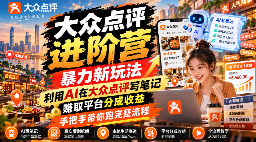 大众点评进阶营，暴力新玩法，利用AI在大众点评写笔记， 賺取平台分成收益，手把手带你跑完整流程-轻创终点站