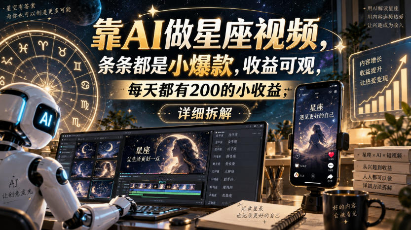 靠AI做星座视频，条条都是小爆款，收益可观，每天都有200的小收益，详细拆解-轻创终点站