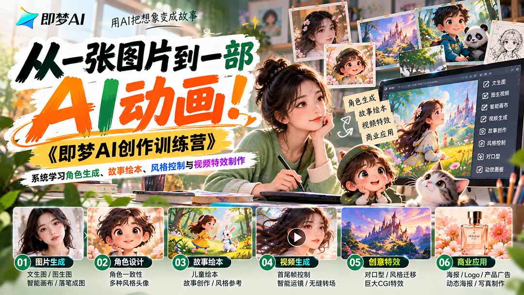 【无水印】从一张图片到一部AI动画！《即梦AI创作训练营》系统学习角色生成、故事绘本、风格控制与视频特效制作-轻创终点站