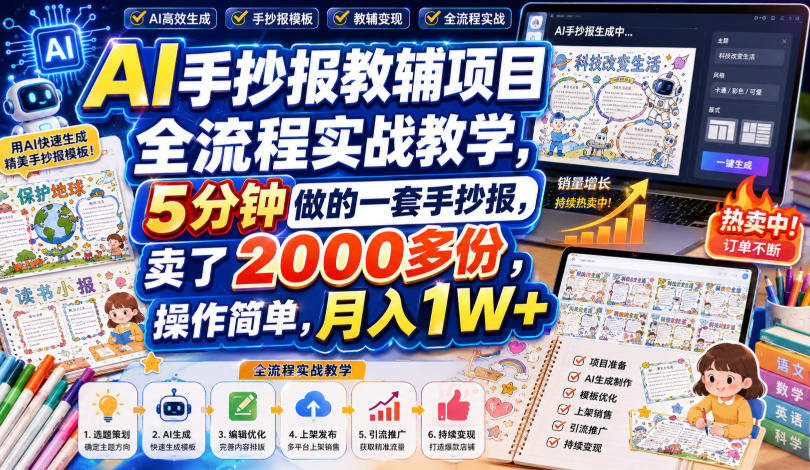 AI手抄报教辅项目全流程实战教学，5分钟做的一套手抄报，卖了2000多份，操作简单，月入1W+-轻创终点站
