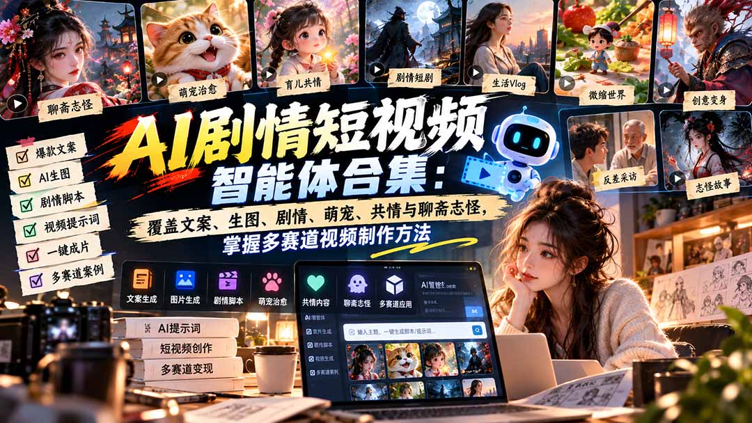 【无水印】AI剧情短视频智能体合集：覆盖文案、生图、剧情、萌宠、共情与聊斋志怪，掌握多赛道视频制作方法-轻创终点站