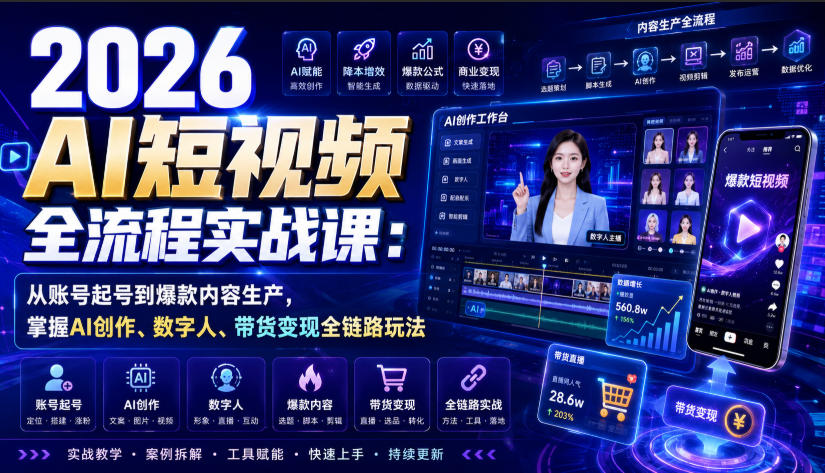 2026 AI短视频全流程实战课:从账号起号到爆款内容生产,掌握AI创作、数字人、带货变现全链路玩法-轻创终点站