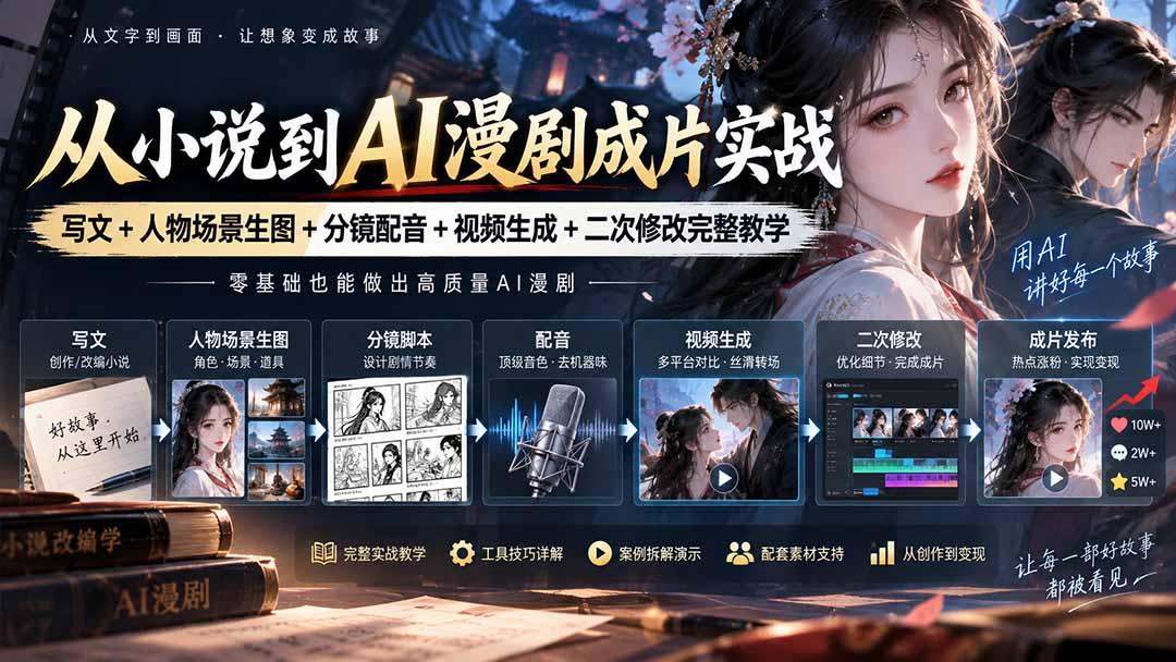 从小说到AI漫剧成片实战：写文+人物场景生图+分镜配音+视频生成+二次修改完整教学-轻创终点站