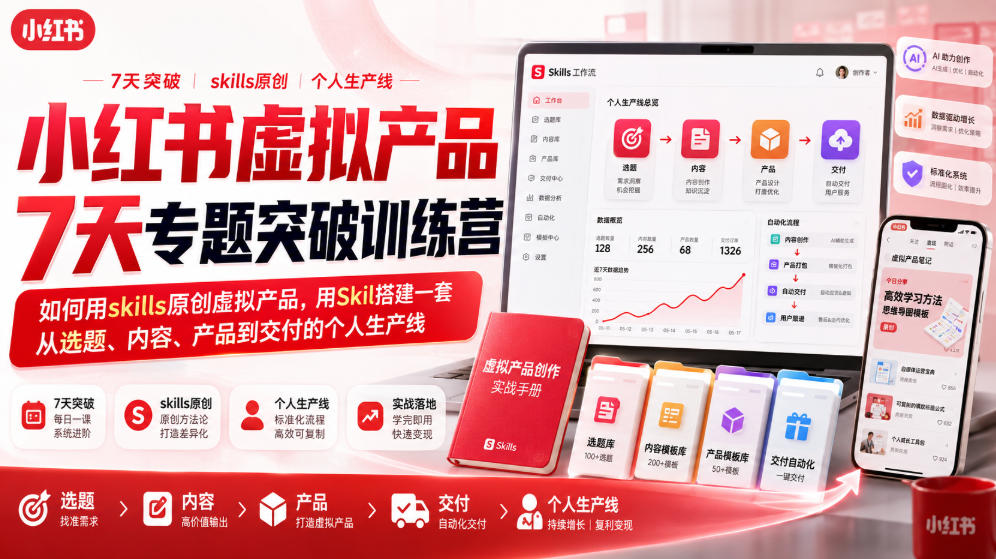 小红书虚拟产品7天专题突破训练营，如何用skills原创虚拟产品，用Skil搭建一套从选题、内容、产品到交付的个人生产线-轻创终点站