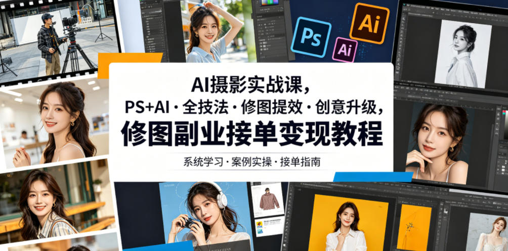 AI摄影实战课，PS+AI・全技法・修图提效・创意升级，修图副业接单变现教程-源创文化:轻创终点站