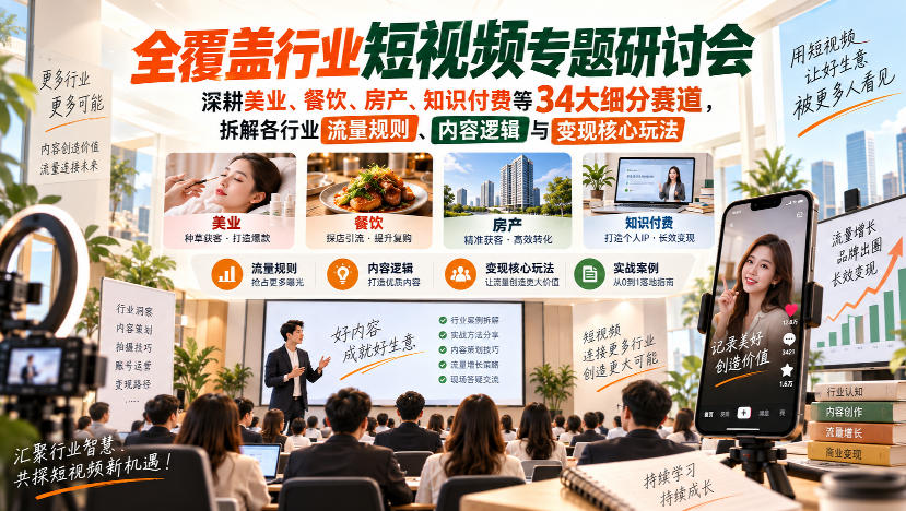 短视频专题研讨会，深耕美业、餐饮、房产、知识付费等34大细分赛道，拆解各行业流量规则、内容逻辑与变现核心玩法-轻创终点站