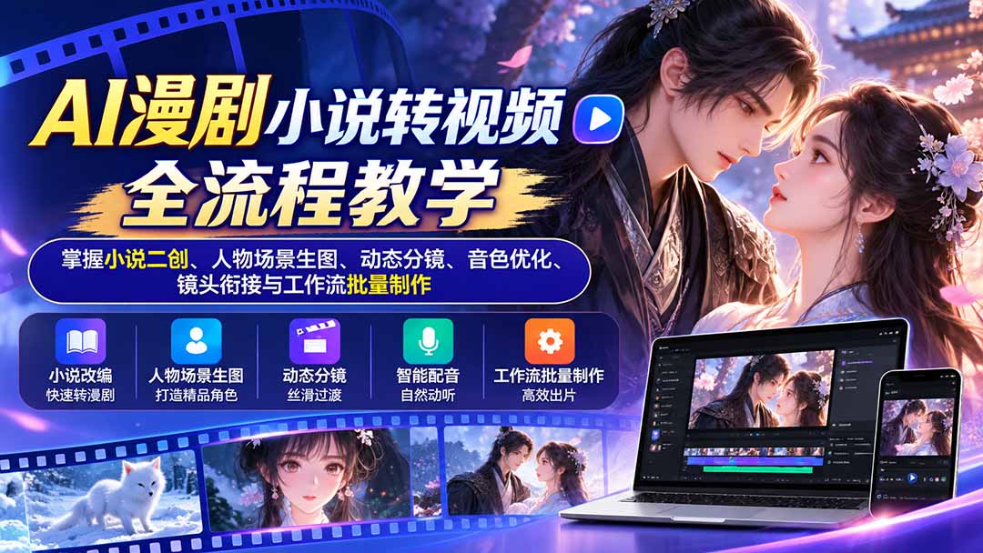 AI漫剧小说转视频全流程教学：掌握小说二创、人物场景生图、动态分镜、音色优化、镜头衔接与工作流批量制作-轻创终点站