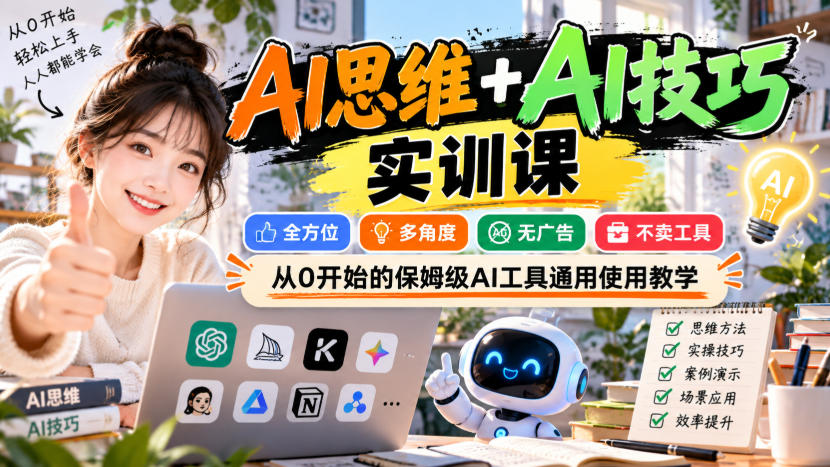 【无水印】AI思维+AI技巧实训课，全方位、多角度、无广告、不卖工具，从0开始的保姆级AI工具通用使用教学-轻创终点站