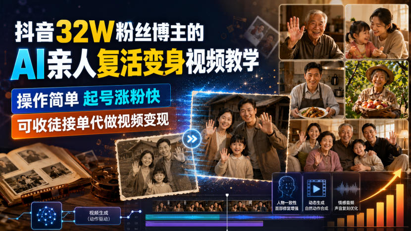 抖音32W粉丝博主的AI亲人复活变身视频教学，操作简单，起号涨粉快，可收徒接单代做视频变现-轻创终点站