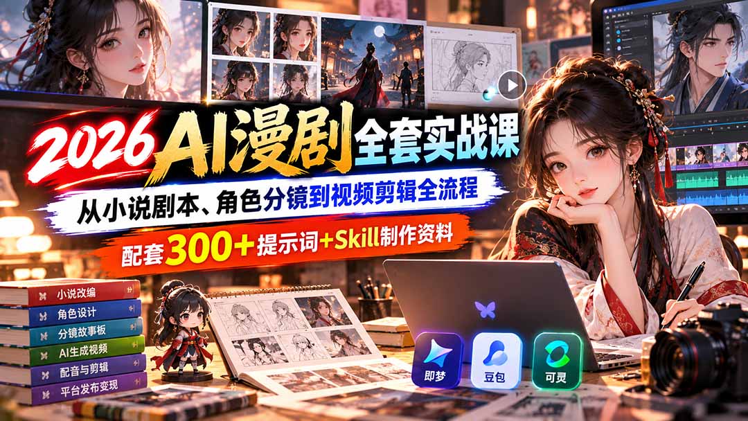 【无水印】2026AI漫剧全套实战课：从小说剧本、角色分镜到视频剪辑全流程，配套300+提示词+Skill制作资料-轻创终点站