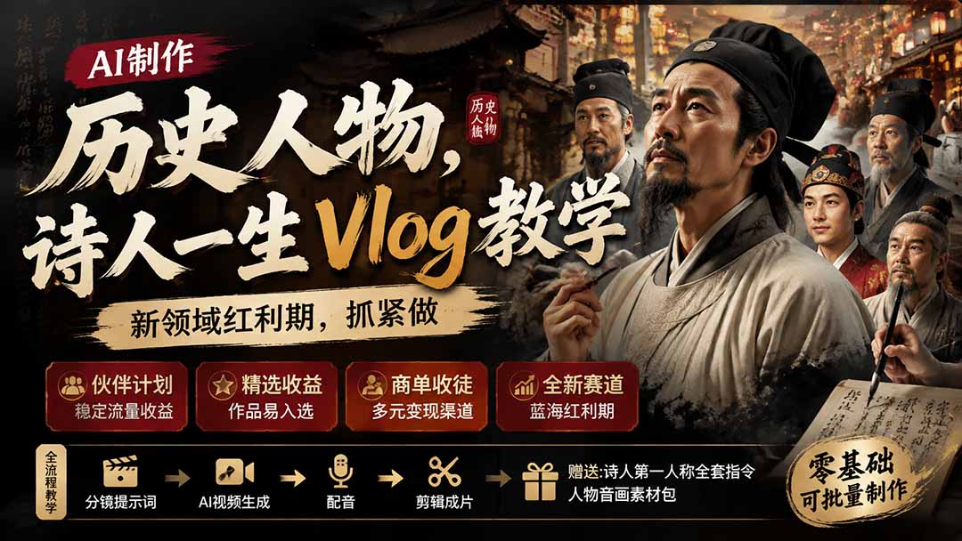 历史人物,诗人一生Vlog教学, AI制作丨伙伴计划丨精选收益丨商单收徒 ,新领域红利期,抓紧做-轻创终点站