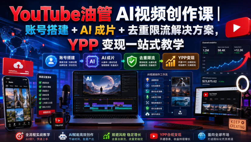 YouTube油管AI视频创作课｜账号搭建+AI成片+去重限流解决方案，YPP变现一站式教学(更新0817)-轻创终点站