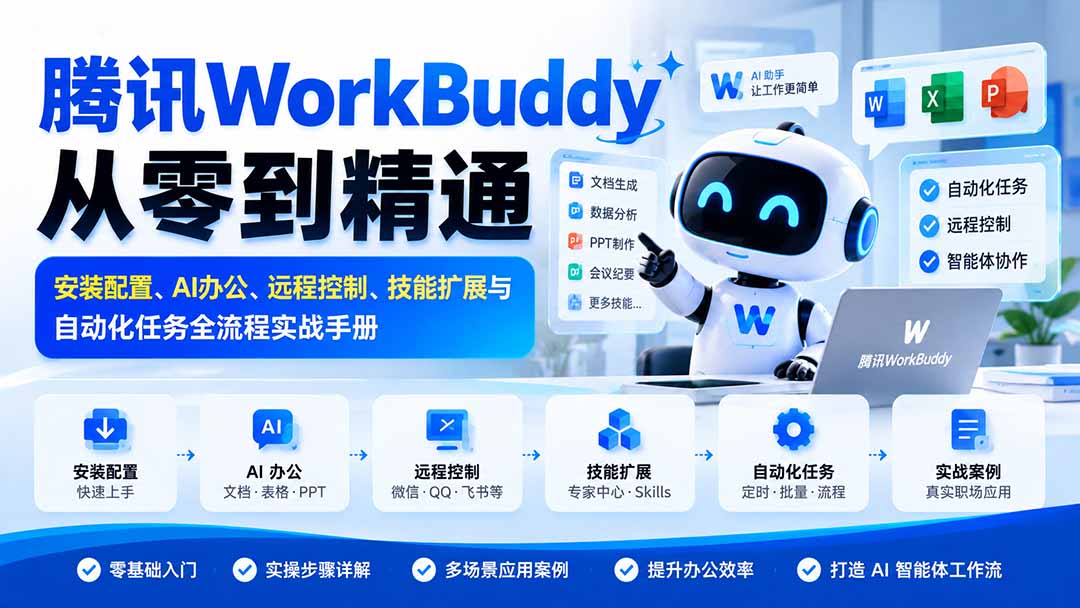 腾讯WorkBuddy从零到精通：安装配置、AI办公、远程控制、技能扩展与自动化任务全流程实战手册-轻创终点站