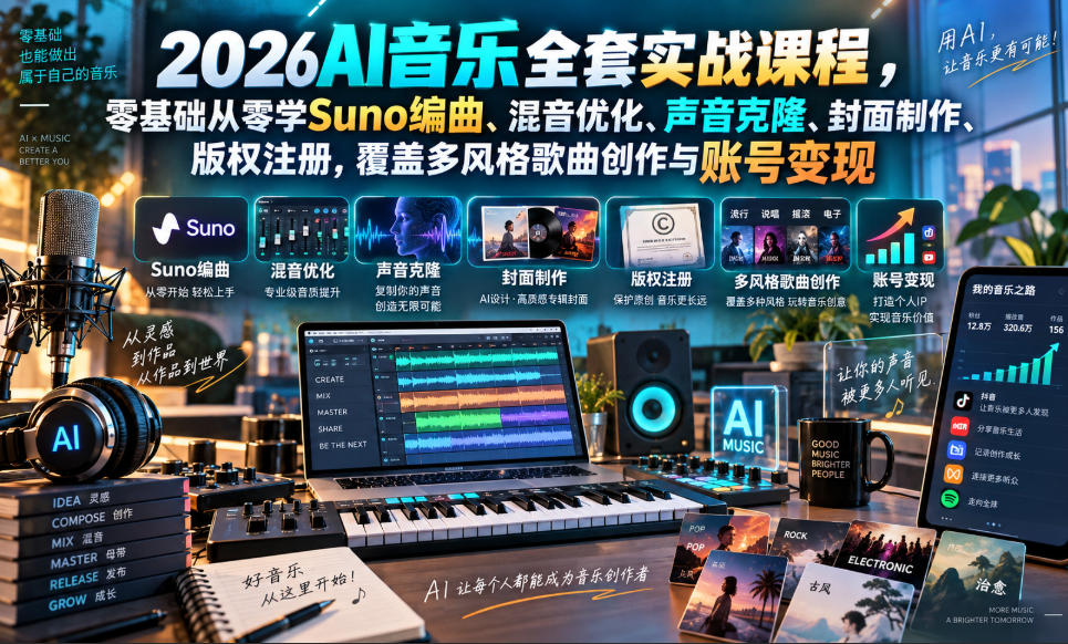 2026AI音乐实战课程，零基础从零学Suno编曲、混音优化、声音克隆、版权注册，覆盖多风格歌曲创作与账号变现-轻创终点站