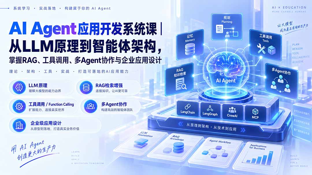 AI Agent应用开发系统课-179节｜从LLM原理到智能体架构，掌握RAG、工具调用、多Agent协作与企业应用设计-轻创终点站