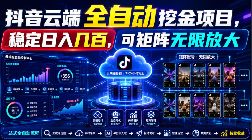 Dy云端全自动挖金项目，稳定日入几百，可矩阵无限放大！【揭秘】-轻创终点站