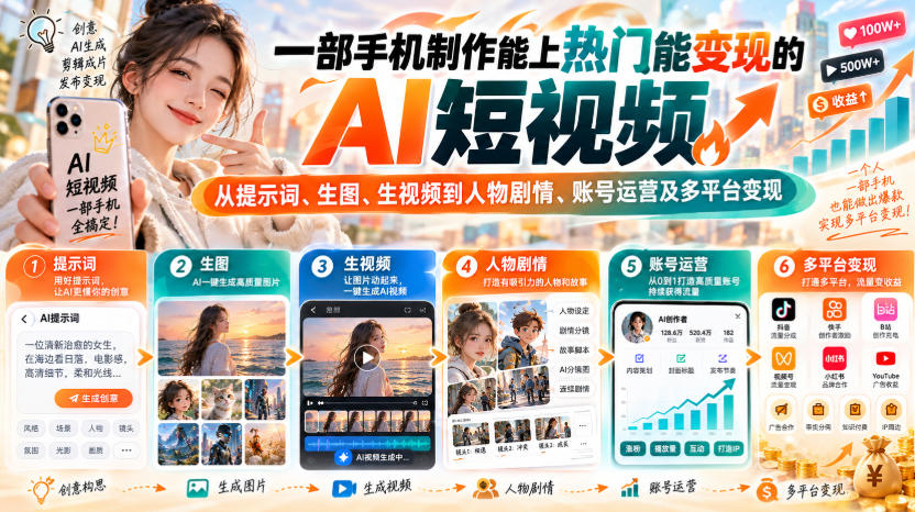【无水印】一部手机制作能上热门能变现的AI短视频，从提示词、生图、生视频到人物剧情、账号运营及多平台变现-轻创终点站