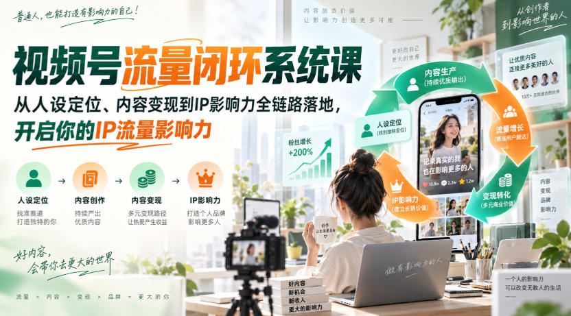 视频号流量闭环系统课，从人设定位、内容变现到IP影响力全链路落地，开启你的IP流量影响力-轻创终点站