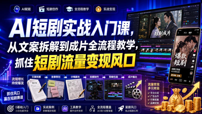 AI短剧实战入门课,从文案拆解到成片全流程教学,抓住短剧流量变现风口-轻创终点站