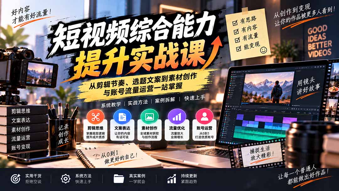 短视频综合能力提升实战课：从剪辑节奏、选题文案到素材创作与账号流量运营一站掌握-轻创终点站