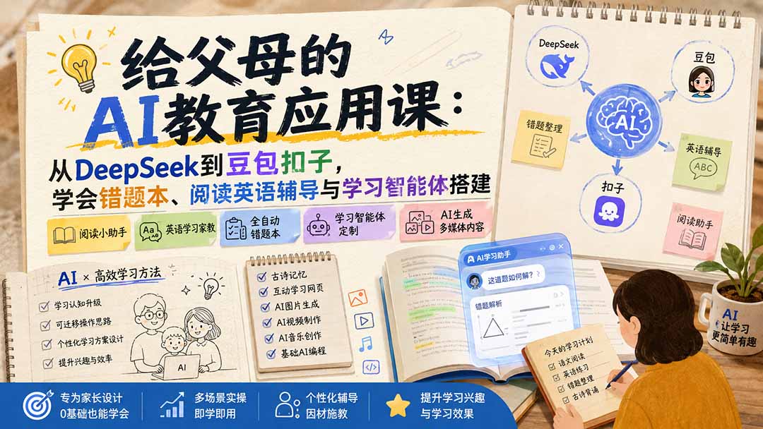 给父母的AI教育应用课：从DeepSeek到豆包扣子，学会错题本、阅读英语辅导与学习智能体搭建-轻创终点站