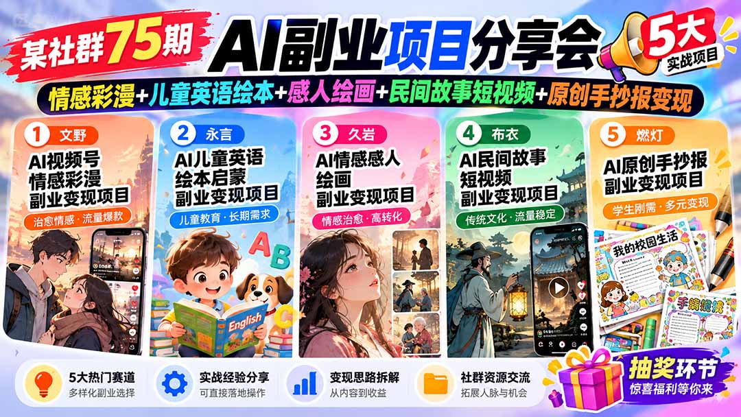 某社群75期AI副业项目分享会：情感彩漫+儿童英语绘本+感人绘画+民间故事短视频+原创手抄报变现-轻创终点站