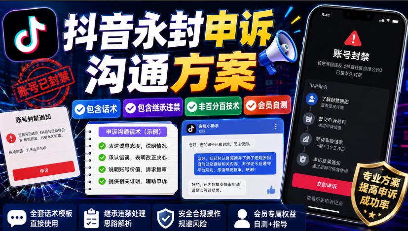 抖音永封申诉沟通方案，包含话术，包含继承违禁，非百分百技术，会员自测-轻创终点站