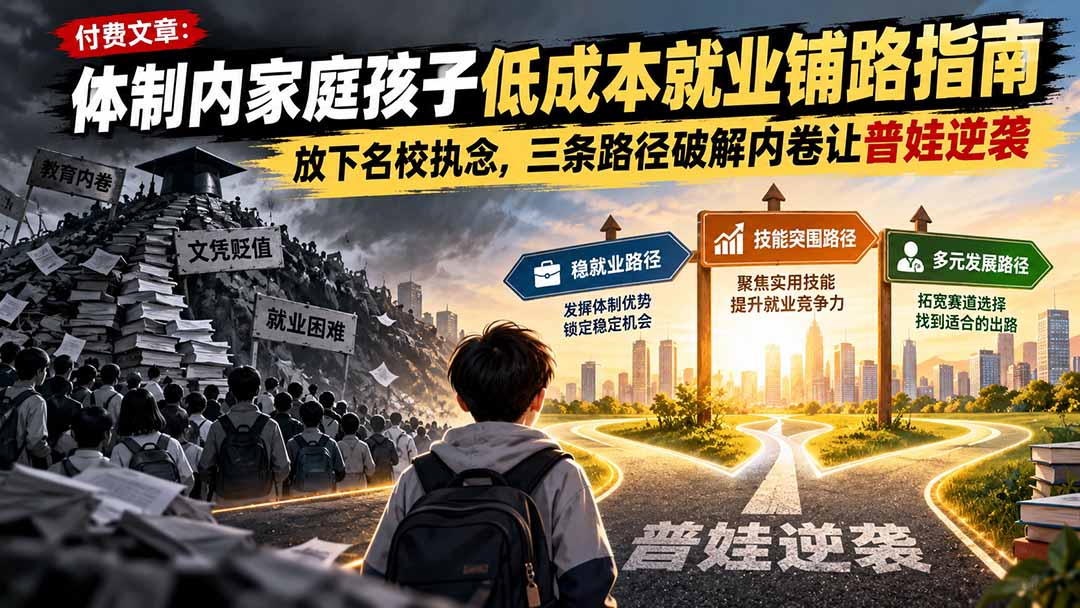 付费文章：体制内家庭孩子低成本就业铺路指南，放下名校执念，三条路径破解内卷让普娃逆袭-轻创终点站