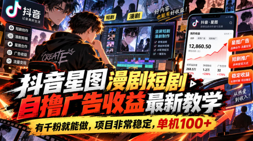 抖音星图漫剧短剧自撸广告收益最新教学，有千粉就能做，项目非常稳定，单机100+-轻创终点站