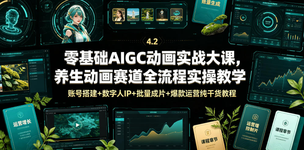 零基础AIGC动画实战大课，养生动画赛道全流程实操教学，账号搭建+数字人IP+批量成片+爆款运营纯干货教程-源创文化:轻创终点站
