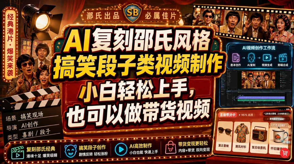 AI复刻邵氏风格搞笑段子类视频制作，小白轻松上手，也可以做带货视频-轻创终点站