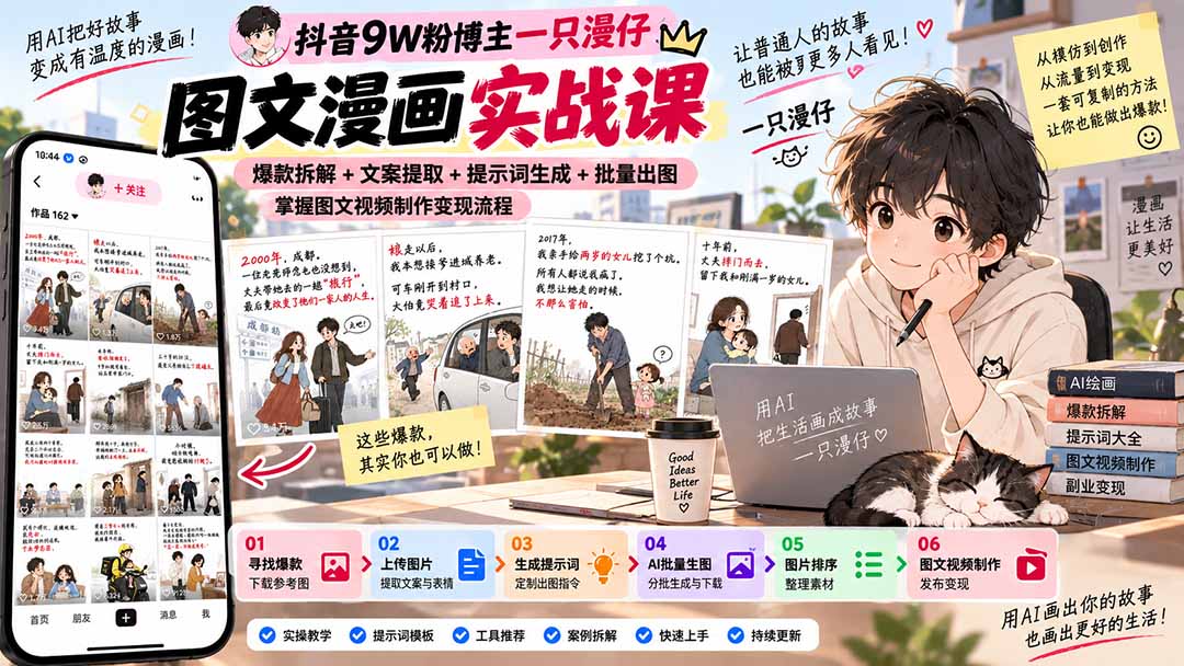 抖音9W粉博主一只漫仔图文漫画课：爆款拆解+文案提取+提示词生成+批量出图，掌握图文视频制作变现流程-轻创终点站