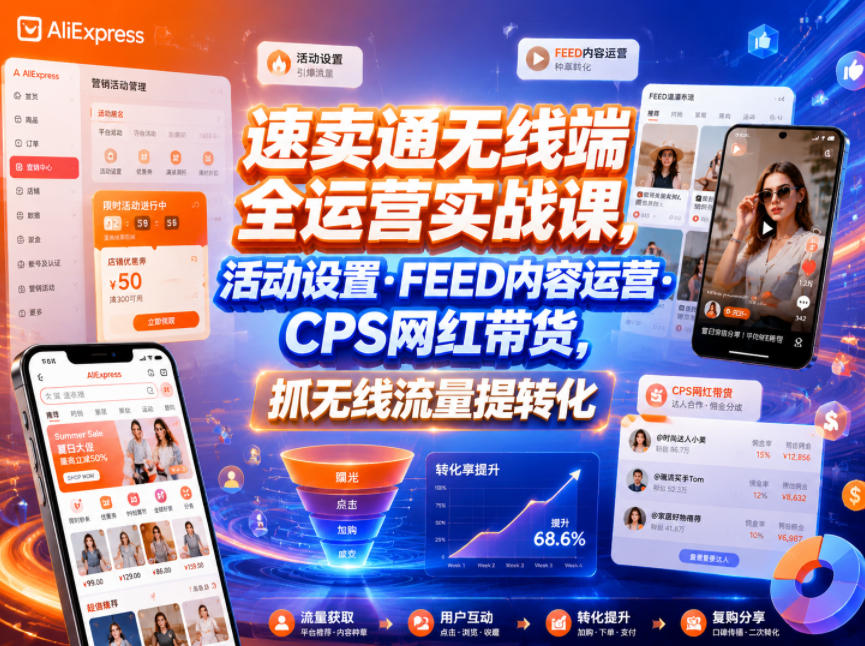 速卖通无线端全运营实战课，活动设置・FEED内容运营・CPS网红带货，抓无线流量提转化-源创文化:轻创终点站