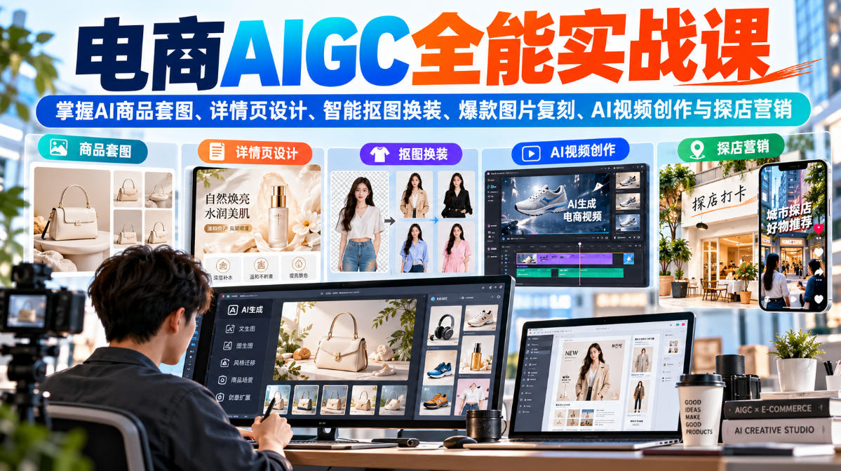 电商AIGC全能实战课：掌握AI商品套图、详情页设计、智能抠图换装、爆款图片复刻、AI视频创作与探店营销-轻创终点站