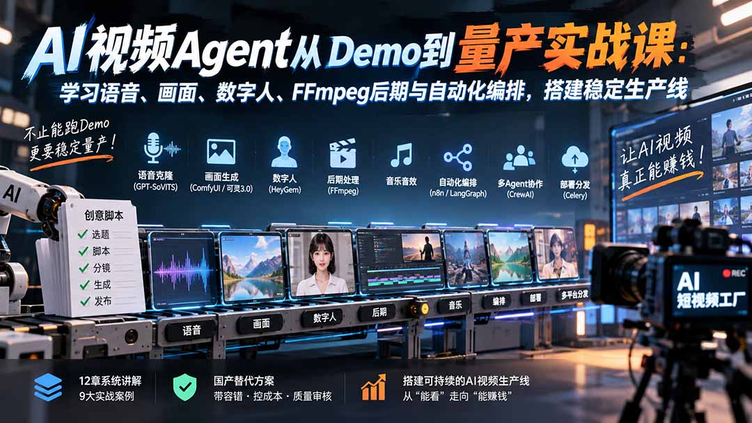 AI视频Agent从Demo到量产实战课：学习语音、画面、数字人、FFmpeg后期与自动化编排，搭建稳定生产线-轻创终点站