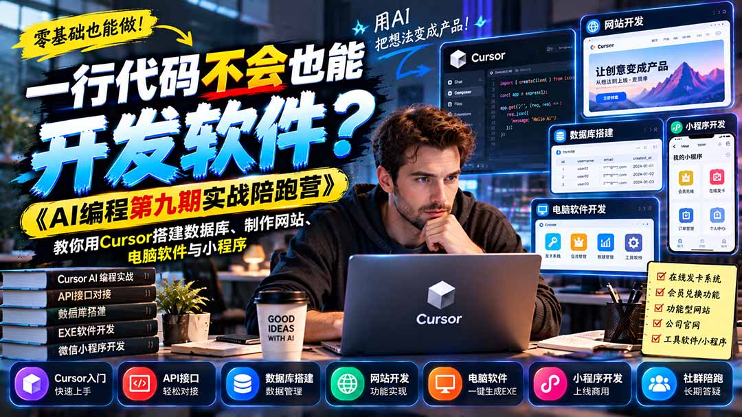 一行代码不会也能开发软件？《AI编程第九期实战陪跑营》教你用Cursor搭建数据库、制作网站、电脑软件与小程序-轻创终点站