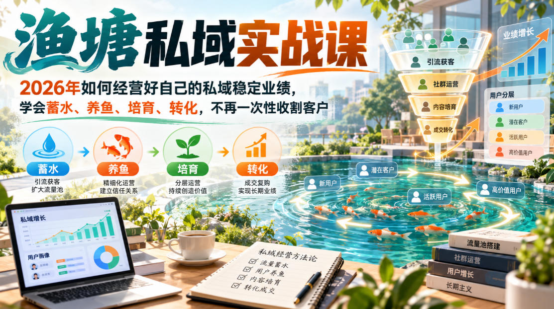 渔塘私域实战课,2026年如何经营好自己的私域稳定业绩,学会蓄水、养鱼、培育、转化,不再一次性收割客户-轻创终点站