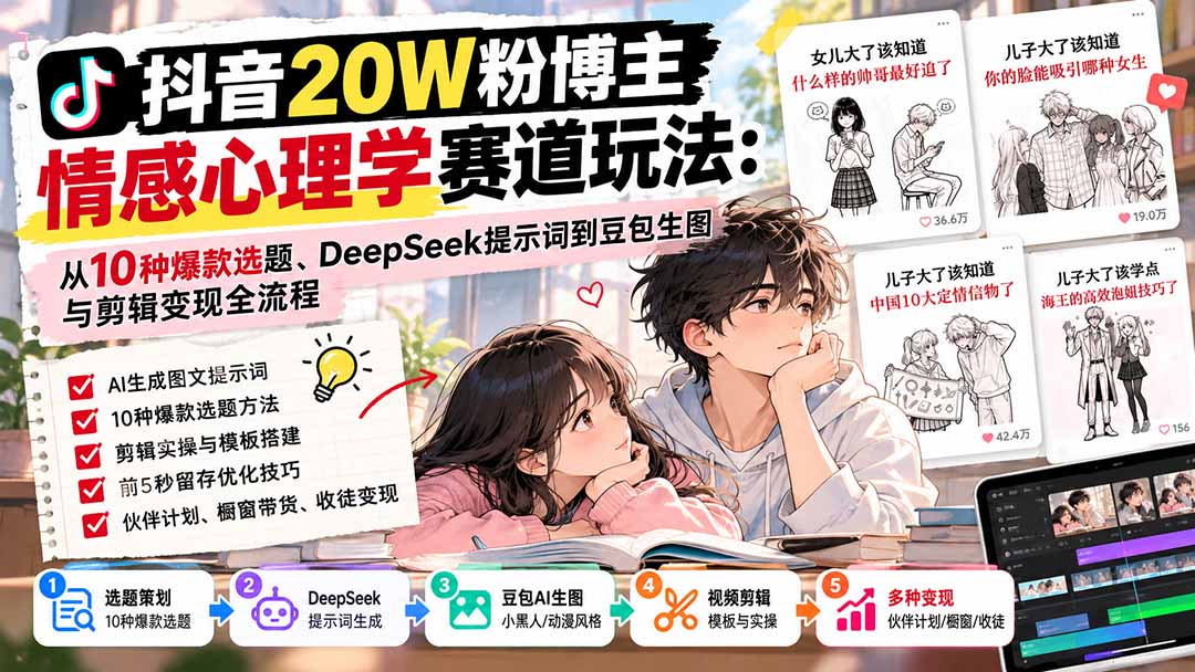 抖音20W粉博主-情感心理学赛道玩法：从10种爆款选题、DeepSeek提示词到豆包生图与剪辑变现全流程-轻创终点站
